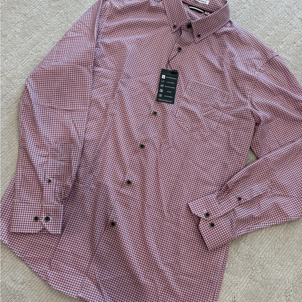 Amazon Men's Performance Burgundy Checkered Dress Shirt